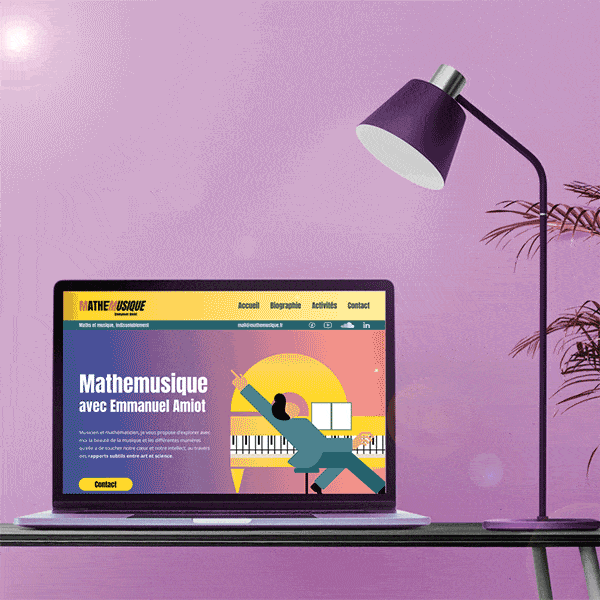Mockup anime - un écran de laptop posé sur une table faisant défiler la homepage du site Mathemusique (tons jaunes et violets, moderne).