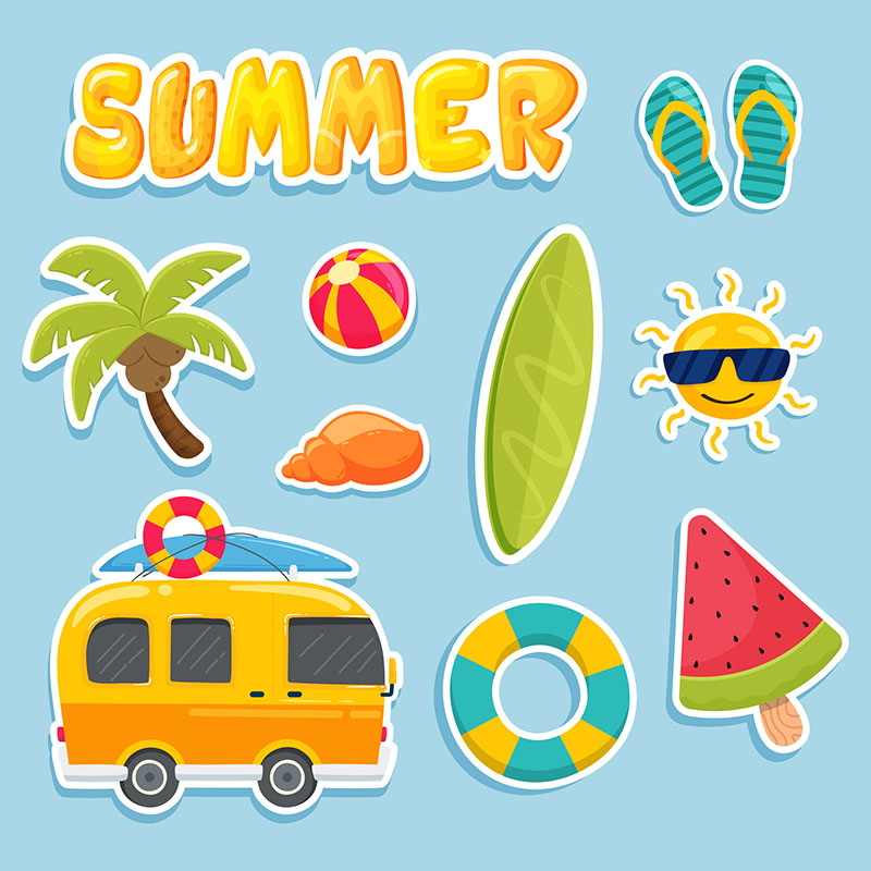 Visuel d'illustration : des stickers estivaux (camping car, palmier, planche de surf…)
