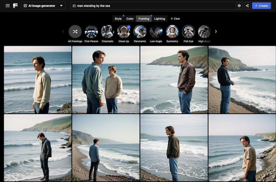 L'interface de l'IA proposée par le site Freepik, Pikaso : une série de 8 "photos" très similaires est générée en réponse au prompt "man standing by the sea"
