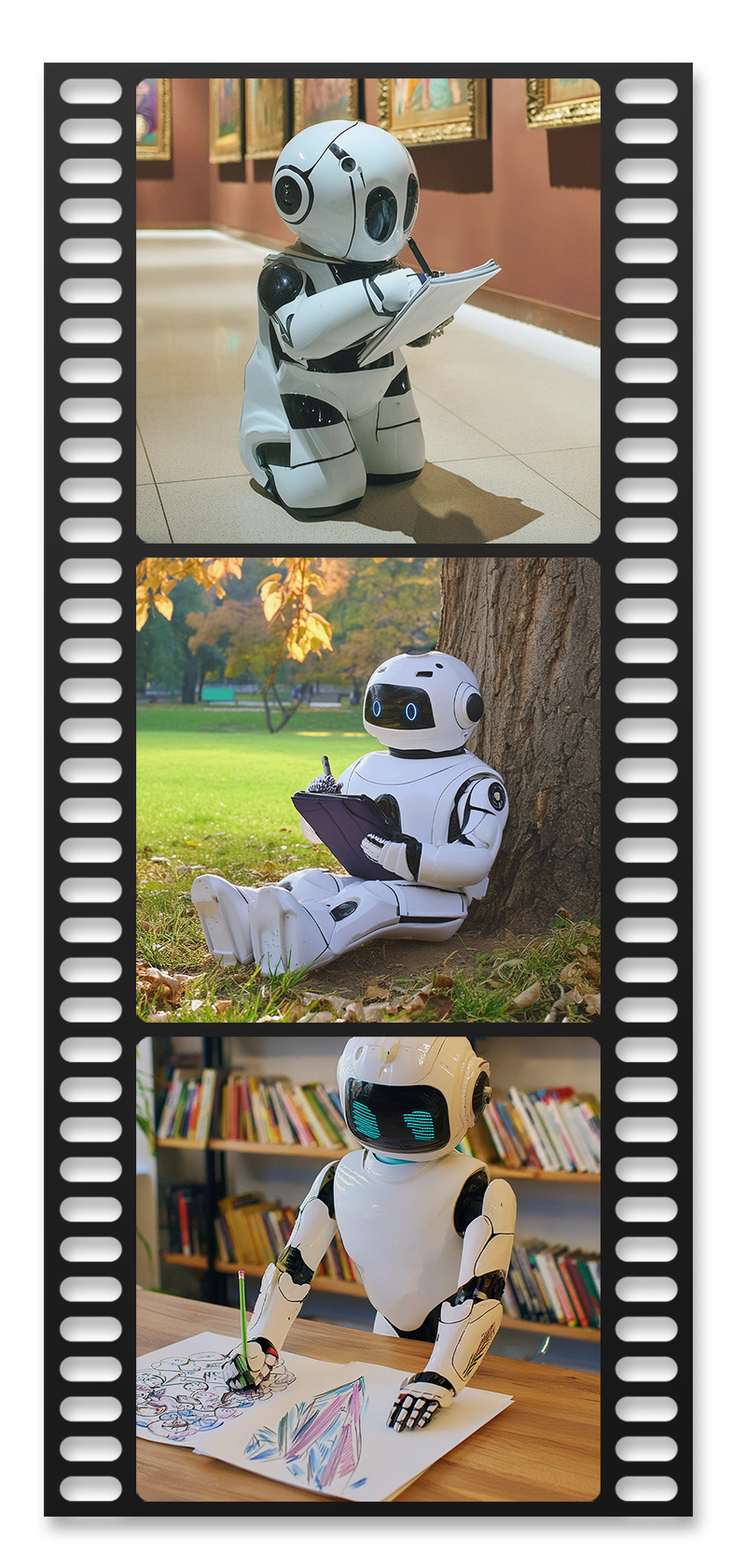 Images générées avec l'IA Adobe Firely - un petit robot est au musée, puis il dessine sous un arbre et à un bureau