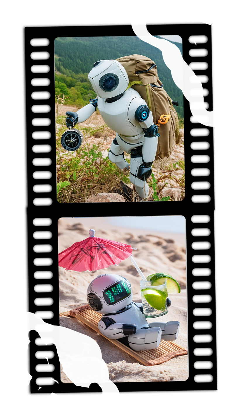 Images générées par l'Ia Adobe FIrefly : un raobot en randonnée, un robot sur la plage