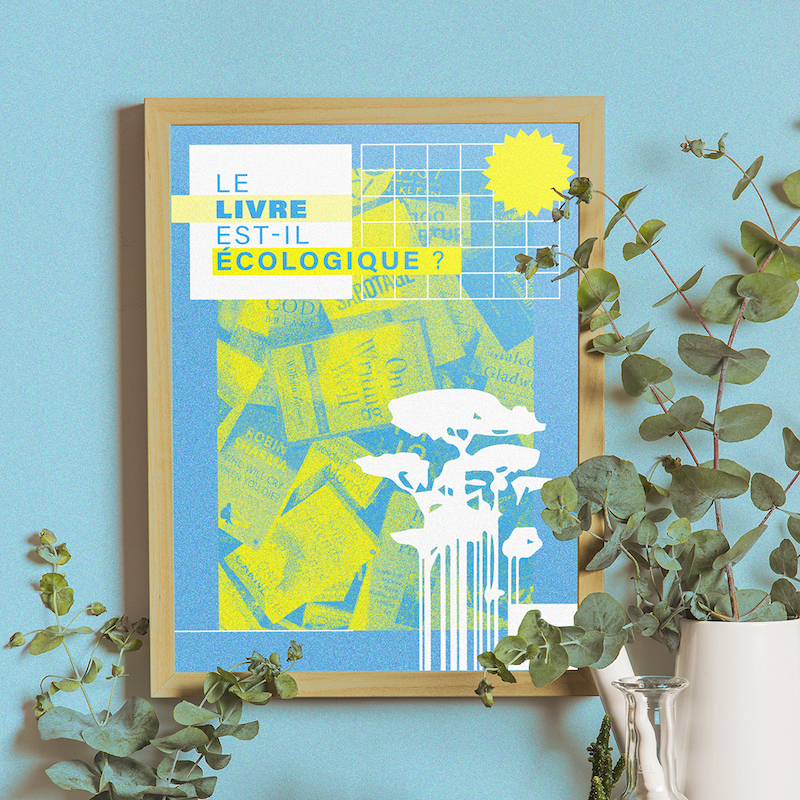 Une affiche encadrée en bichromie : encres cyan et jaune